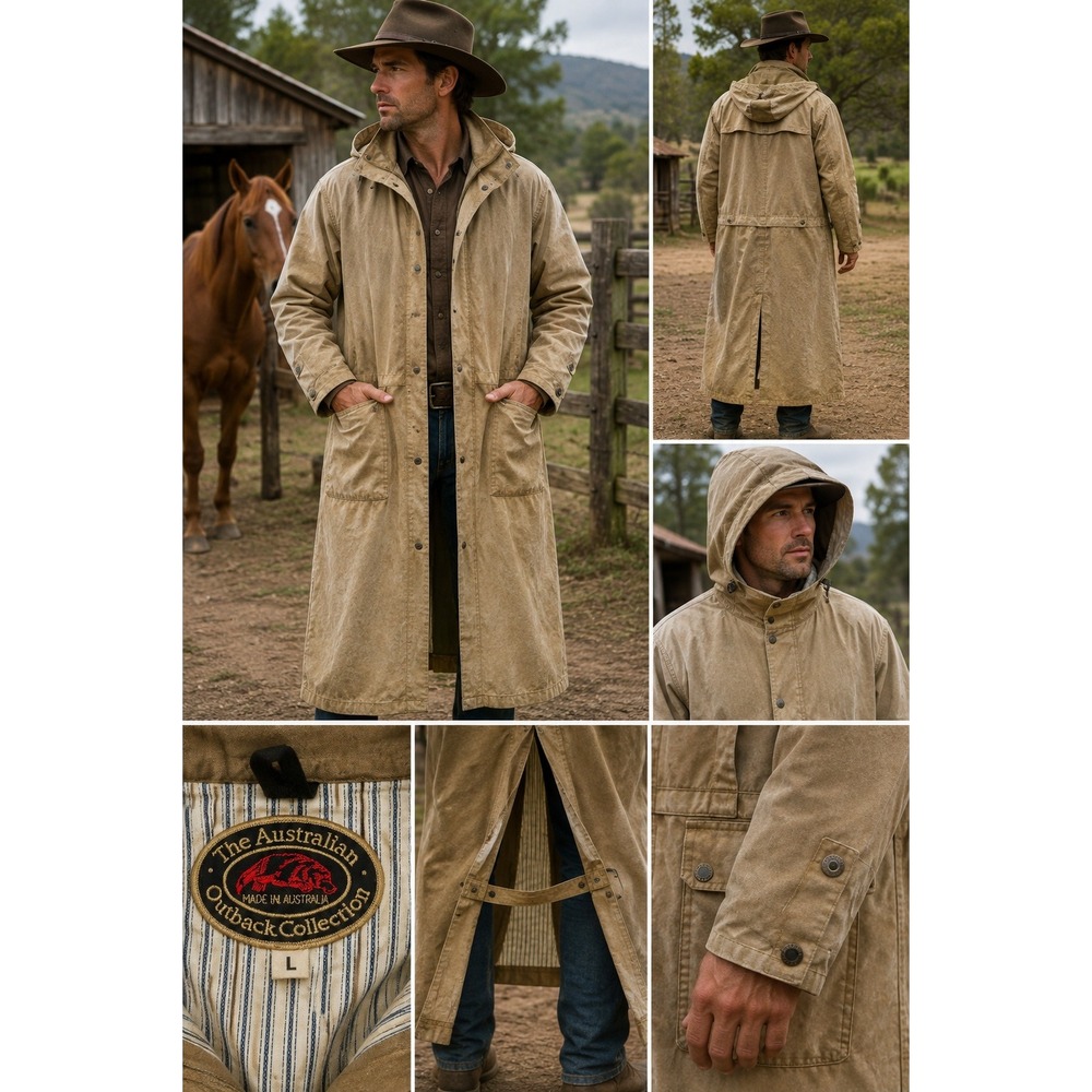 Vintage Australian Outback Collection Oilskin Duster Coat Waxed Cotton Tan L
